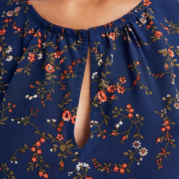 Madewell Silk Stanza Ruffle Hem Navy Blue Keyhole Floral Blouse Size Small - Picture 10 of 10